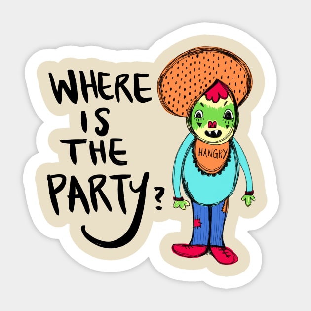 Hangry Where Is The Party Monster: Weird Funny Awkward Creature Sticker by Tessa McSorley